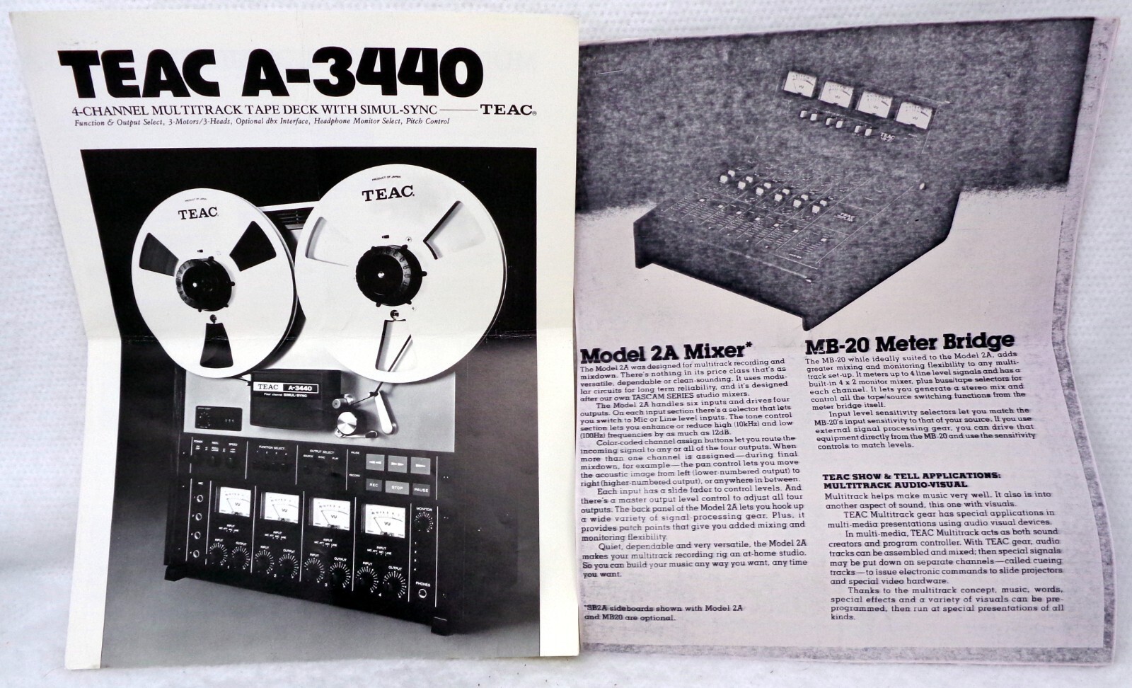 TEAC A-3440 4-Channel Multitrack Tape Deck Manual + Magazine Article 1980 (USA)