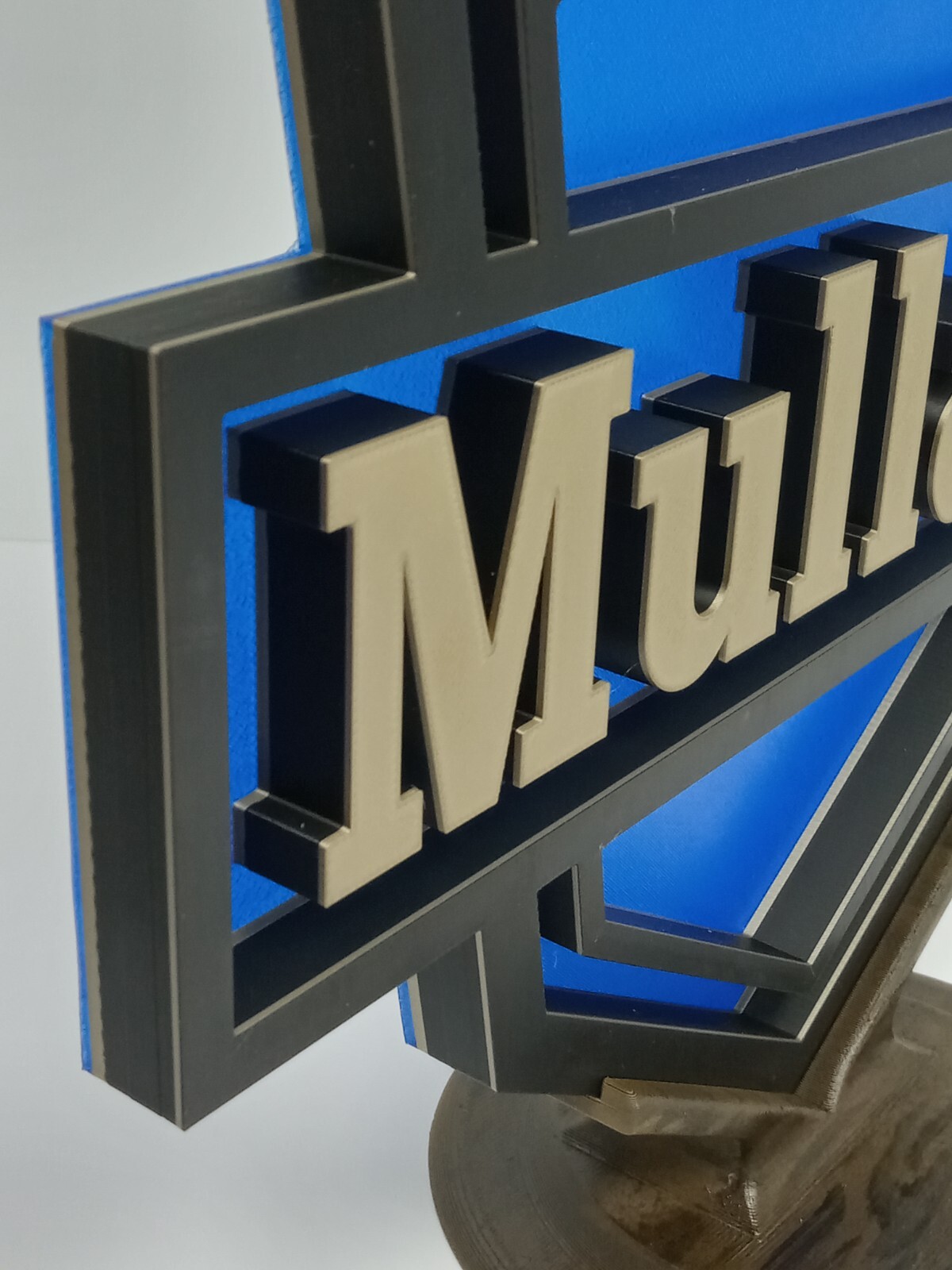 Mullard Logo Display Sign & Wood Base – Gold & Black on ‘Glass’ Blue -tubes