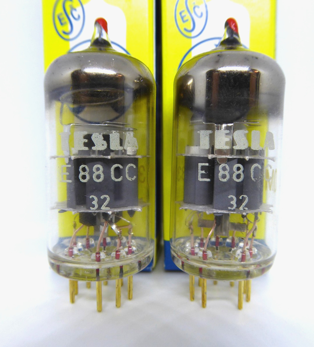 2x (PAIR!) TESLA E88CC (=6922 CCa CV2492) Gold Pins, Red Top, 1974 NOS, 100%