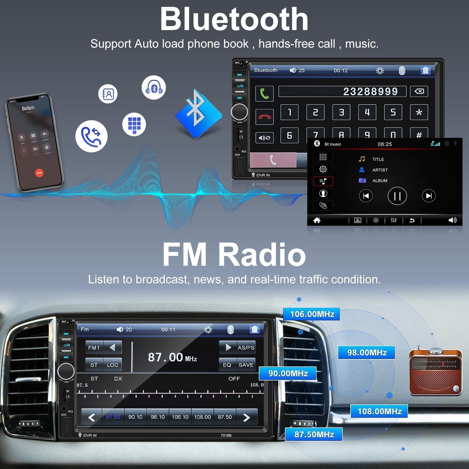 Nhopeew Double Din Car Stereo Bluetooth And Backup Camera 7 Inch Touch Screen
