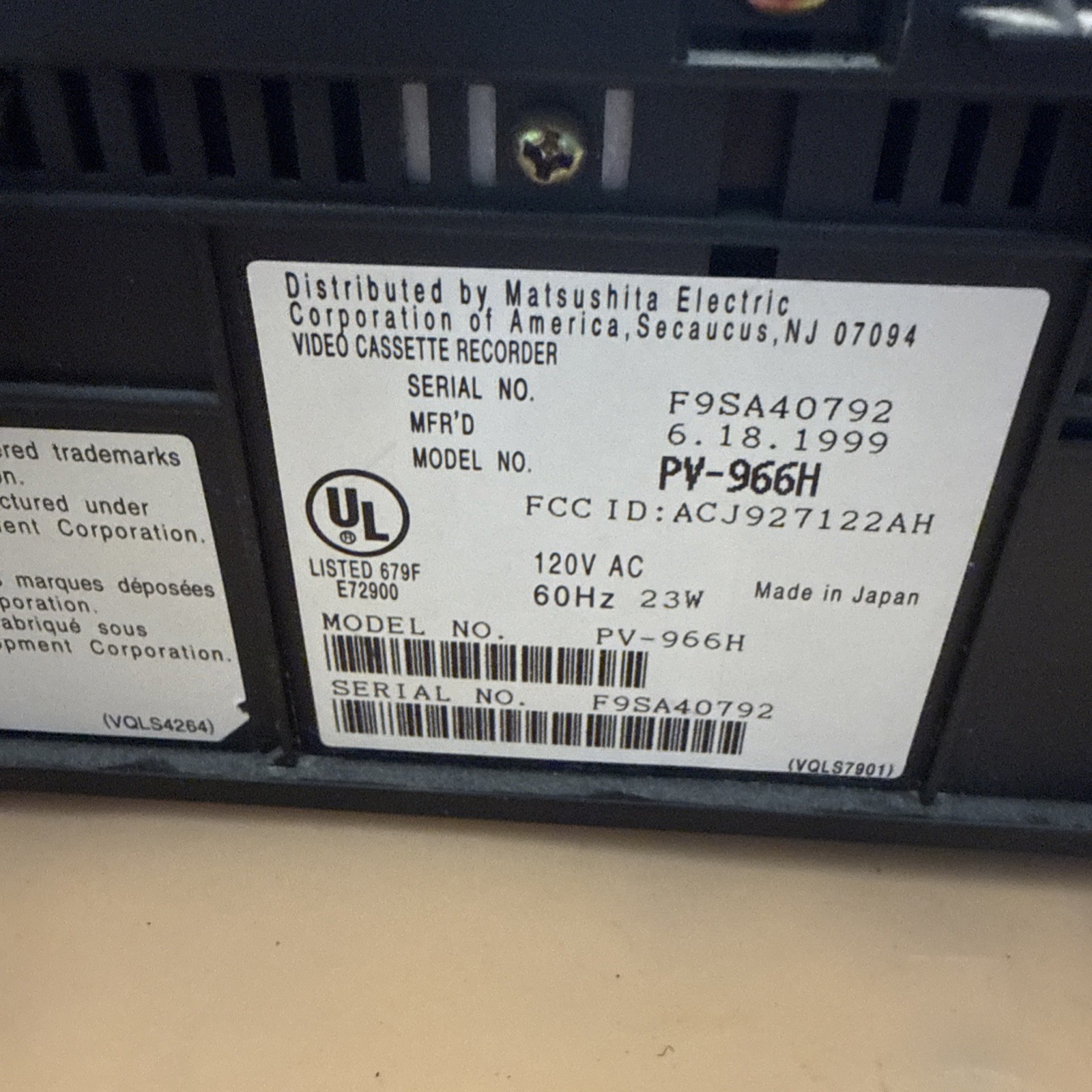 Panasonic VCR Plus PV-966H Blue Line 4 Head Hi-Fi Stereo Omnivision w/ Remote
