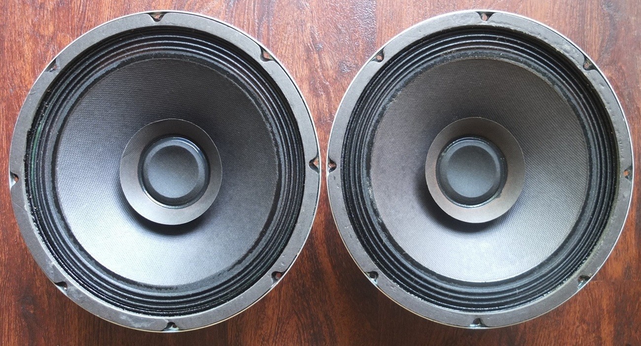 vintage pair 10″ full-range woofers marked DWK3 PURE 10, c.1975—very good cond