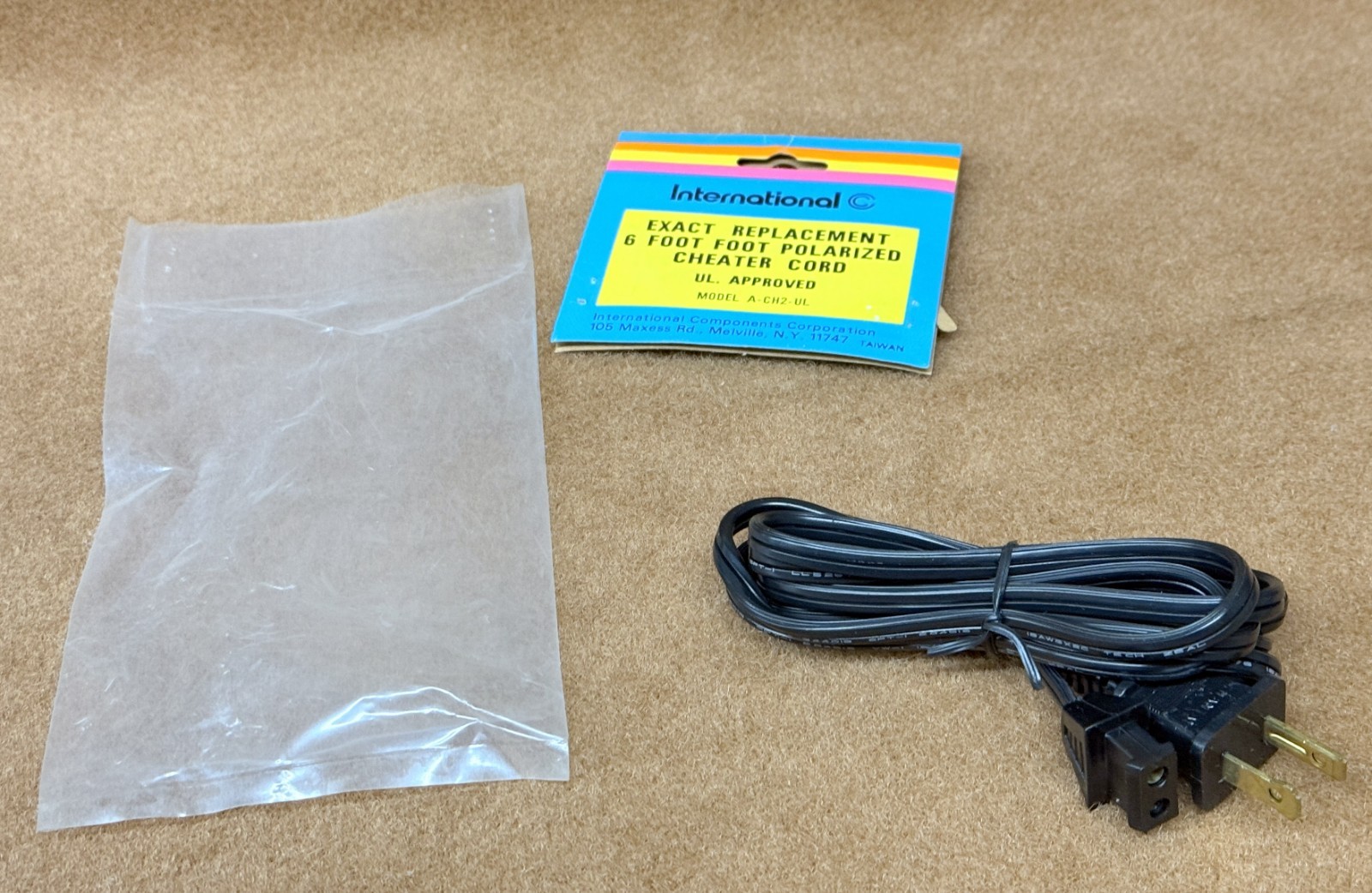 NOS NEW Vintage TV/Radio, ICC Brand Cheater Cord, Polarized, Black, 6 Ft.