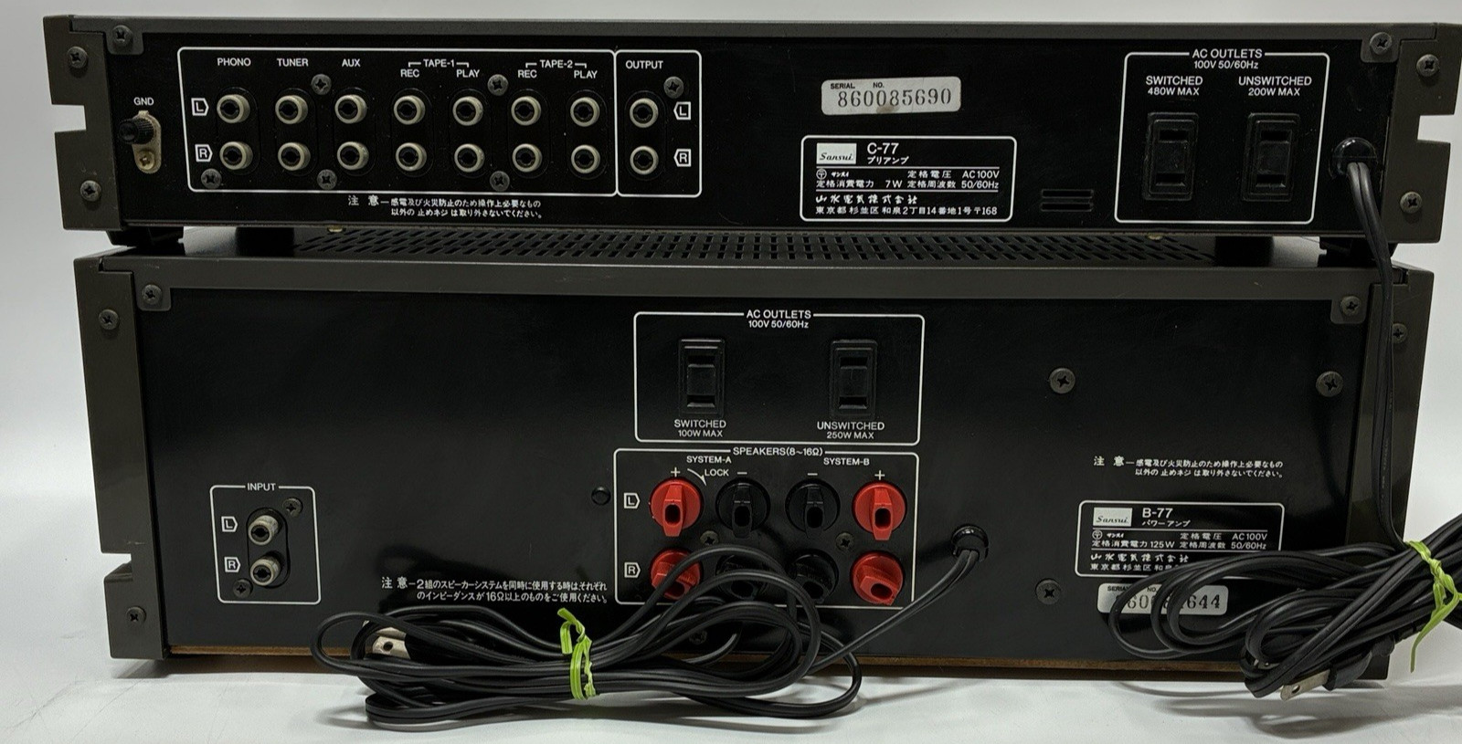 SANSUI C-77 Preamplifier B-77 Power Amplifier Set Vintage Rare Working