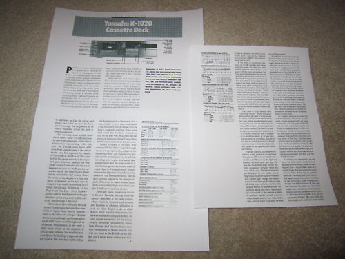 Yamaha K-1020 Ultimate Cassette Review, 3 pgs,Full Test
