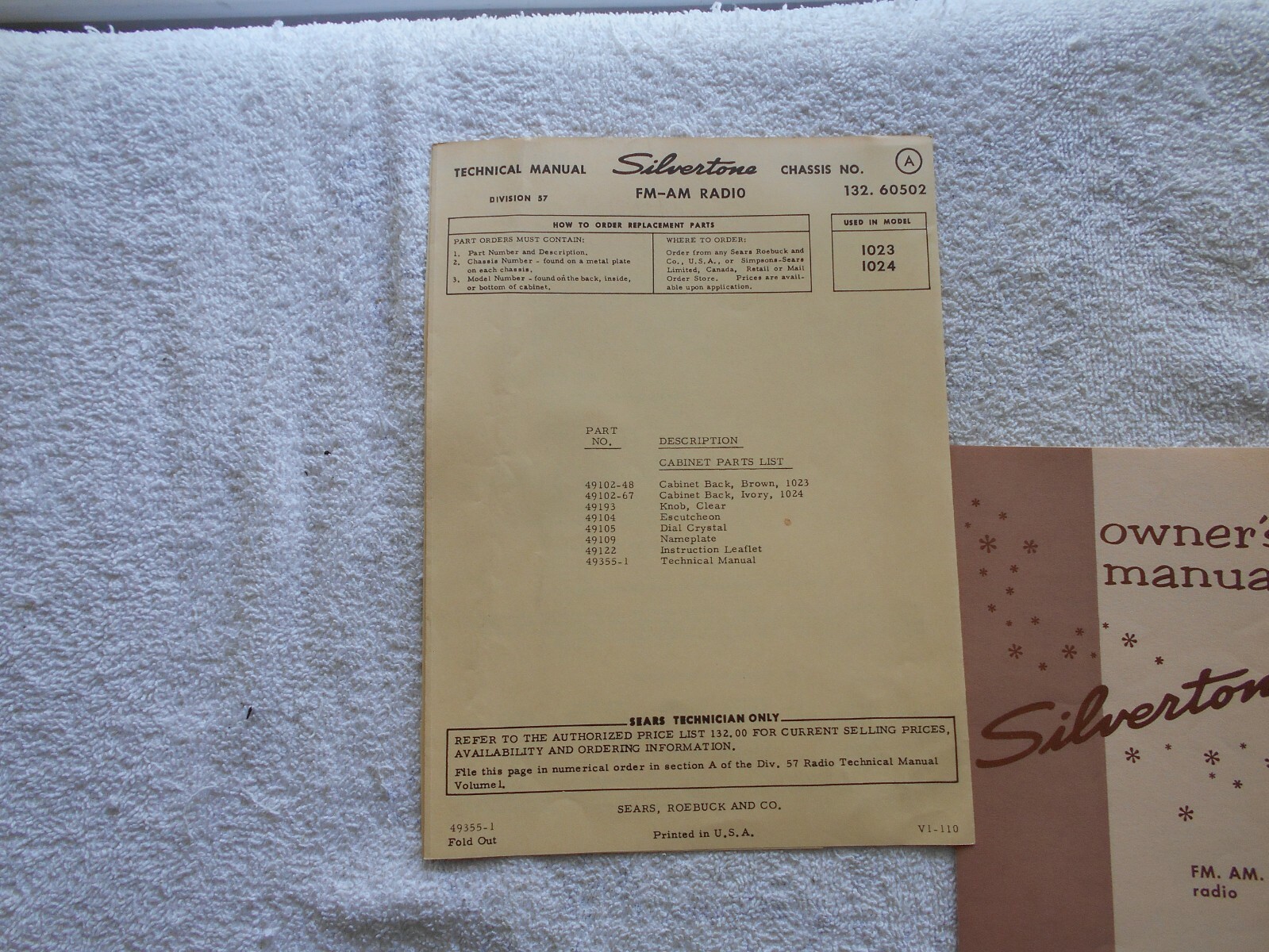 SEARS SILVERTONE OWNER’S MANUAL & TECHNICAL MANUAL MODEL NOS. 1023-1024-FM-AM