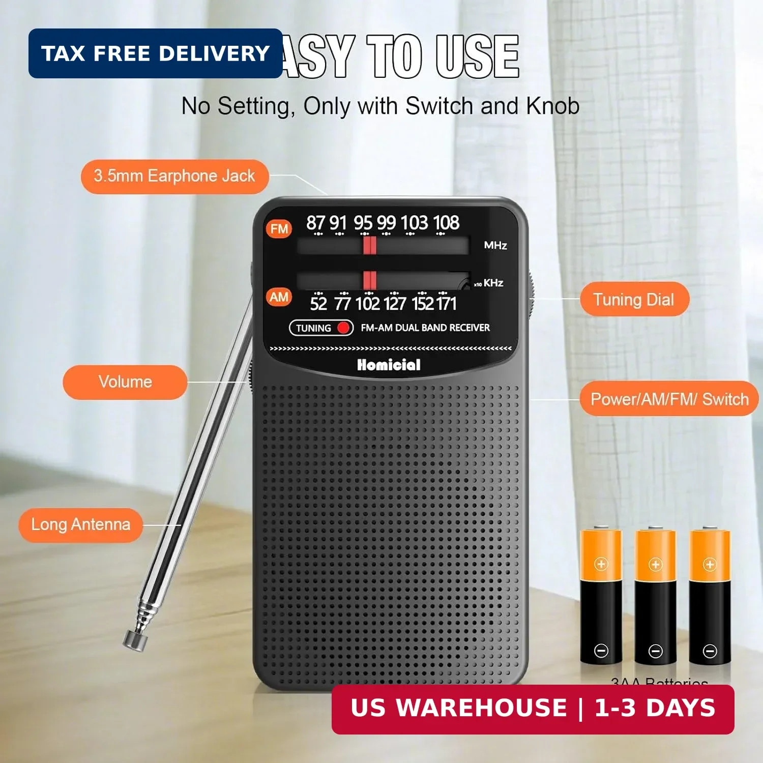 AM/FM Portable Radio, Pocket Radio 3 AA Battery Powered, Long Lasting, with Exce