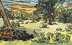 Lost Gold; 2008, Linoleum block print and watercolor