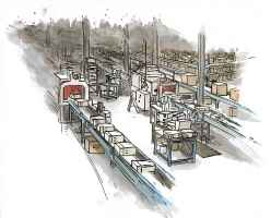 Assembly Line Computer, 2009; Ink and watercolor on paper